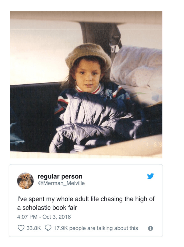 Camila as a child in a car, beside a tweet reading: I've spent my whole adult life chasing the high of a scholastic book fair